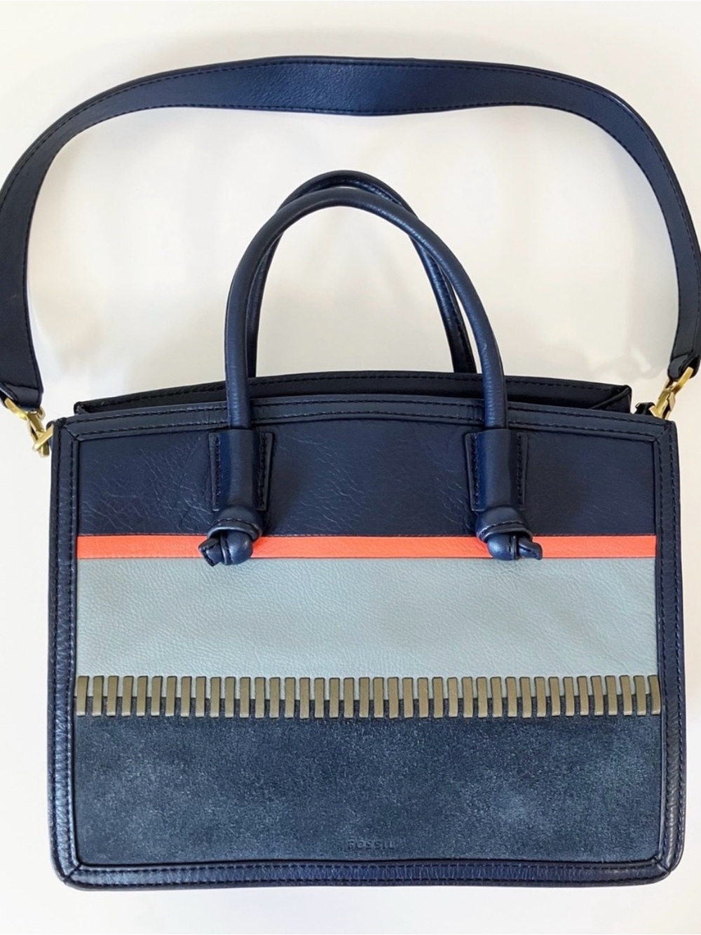 Fossil Navy Blue Multi-Panel Leather Shoulder Bag - Picture 6 of 6